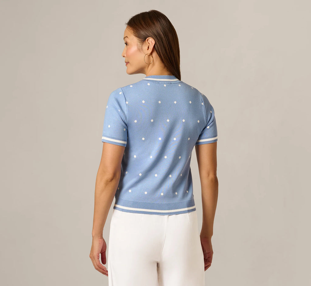 Short Sleeve Chain Patterned Knit Top In Classic Blue Medium Simple Dot