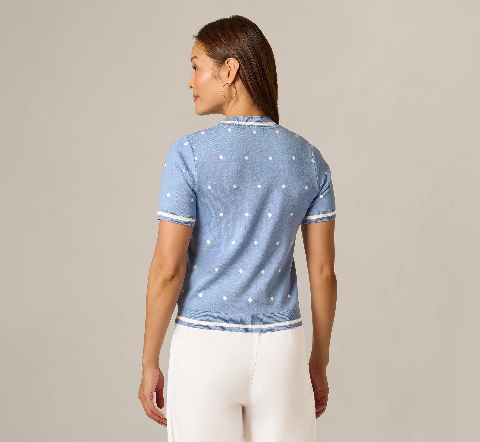 Short Sleeve Chain Patterned Knit Top In Classic Blue Medium Simple Dot