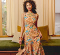 Floral Printed Cutout Drop Waist Midi Dress In Peach Multi