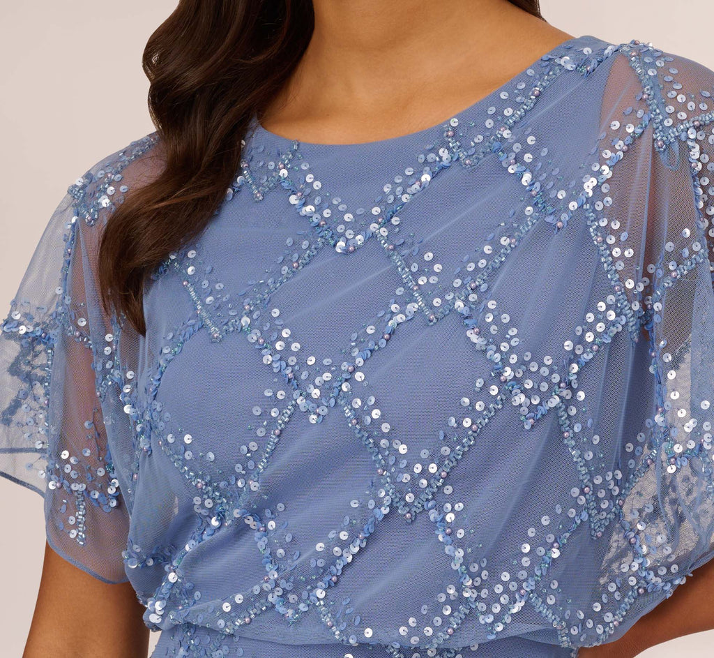 Hand-Beaded Blouson Long Gown With Flutter Sleeves In French Blue