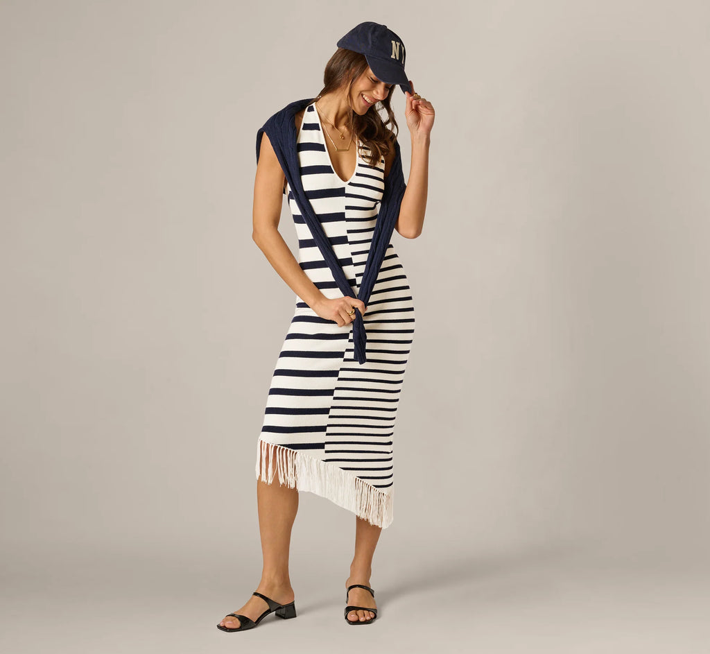 Striped Asymmetrical Fringe Halter Midi Dress In Ivory Navy