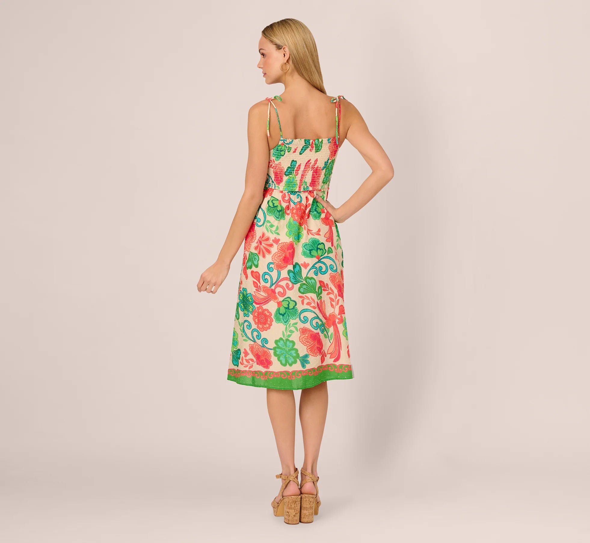 Floral Shirred Cotton Midi Sundress In Ivory Multi