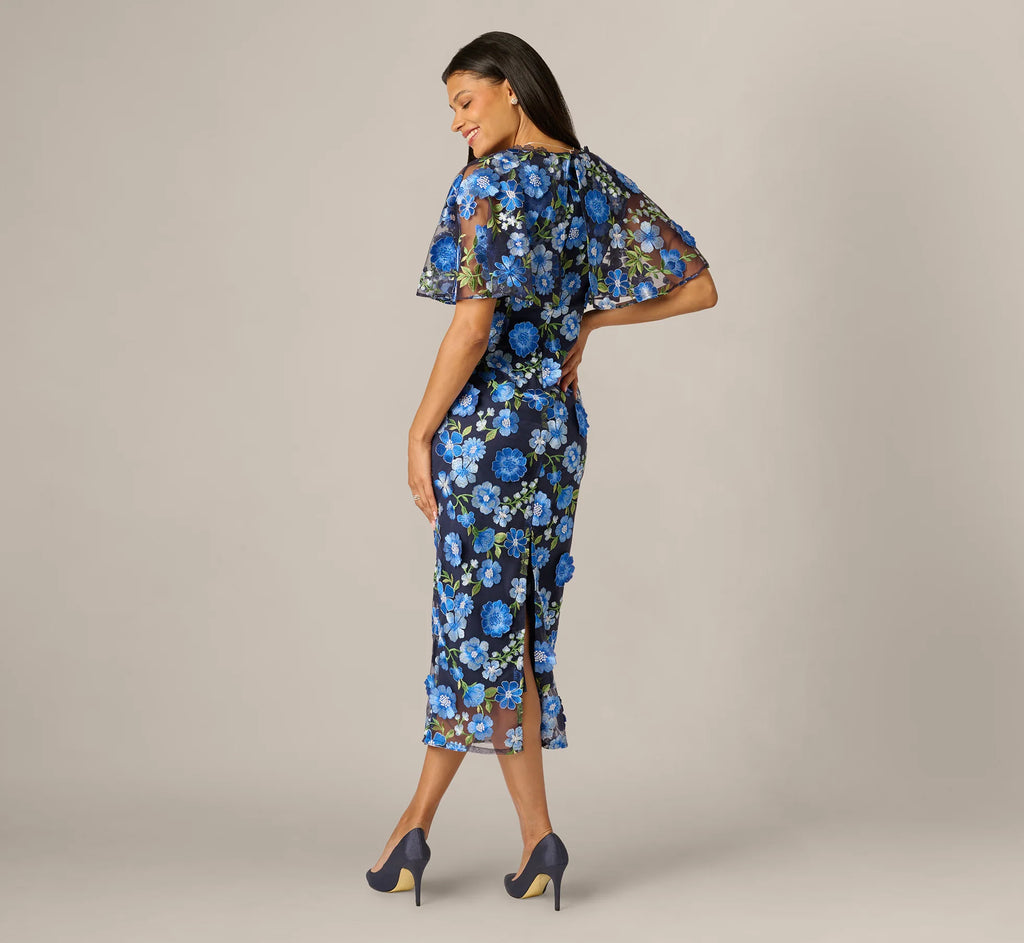 Cape Sleeve Floral Embroidered Midi Dress In Blue Multi