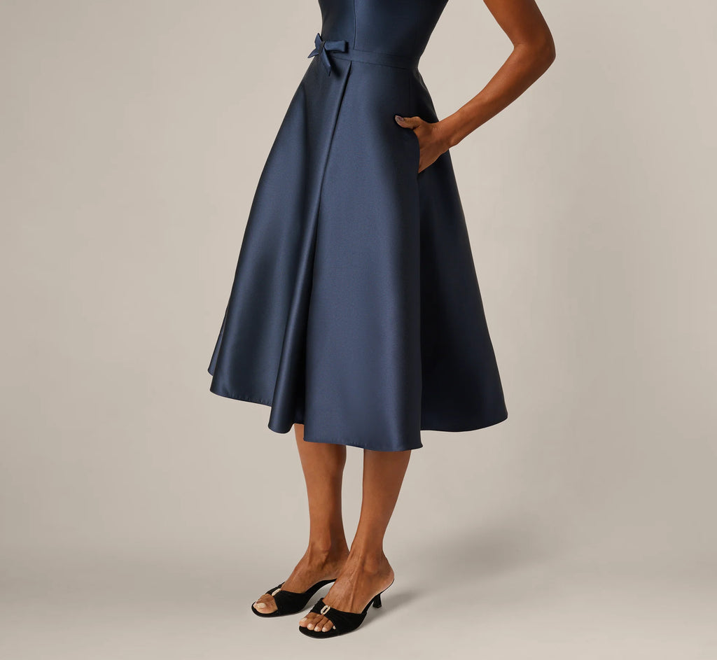 Mikado Bow Waist Fit And Flare Midi Dress In Midnight