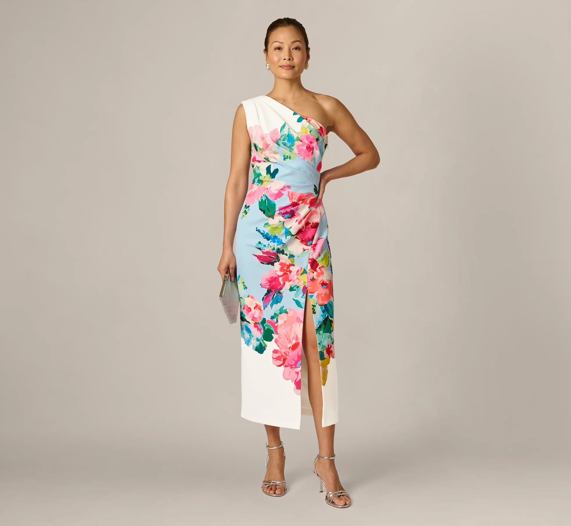 One Shoulder Floral Twill Midi Dress In Blue Multi