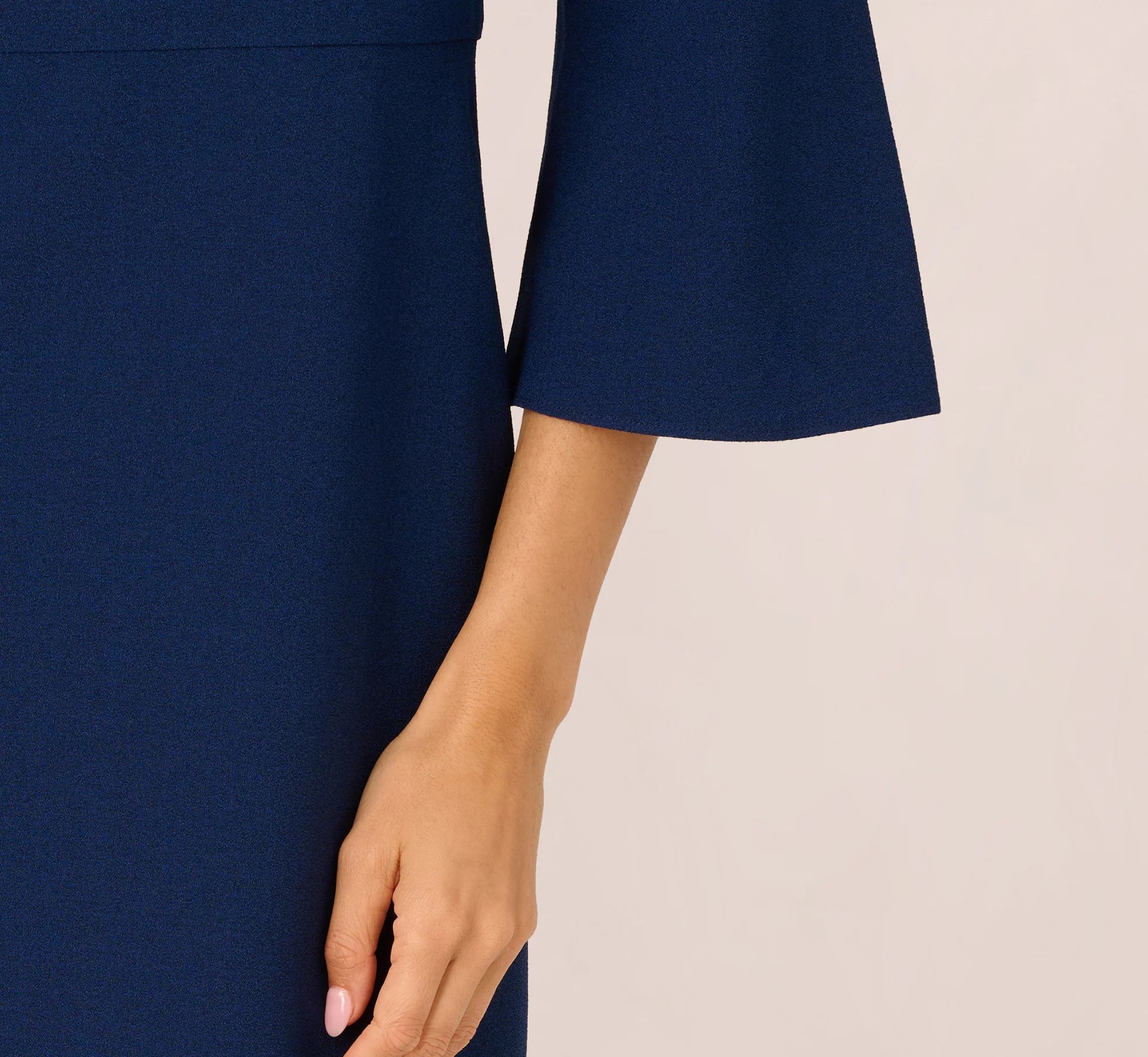 Bell Sleeve Stretch Crepe Keyhole Sheath Dress In Navy Sateen