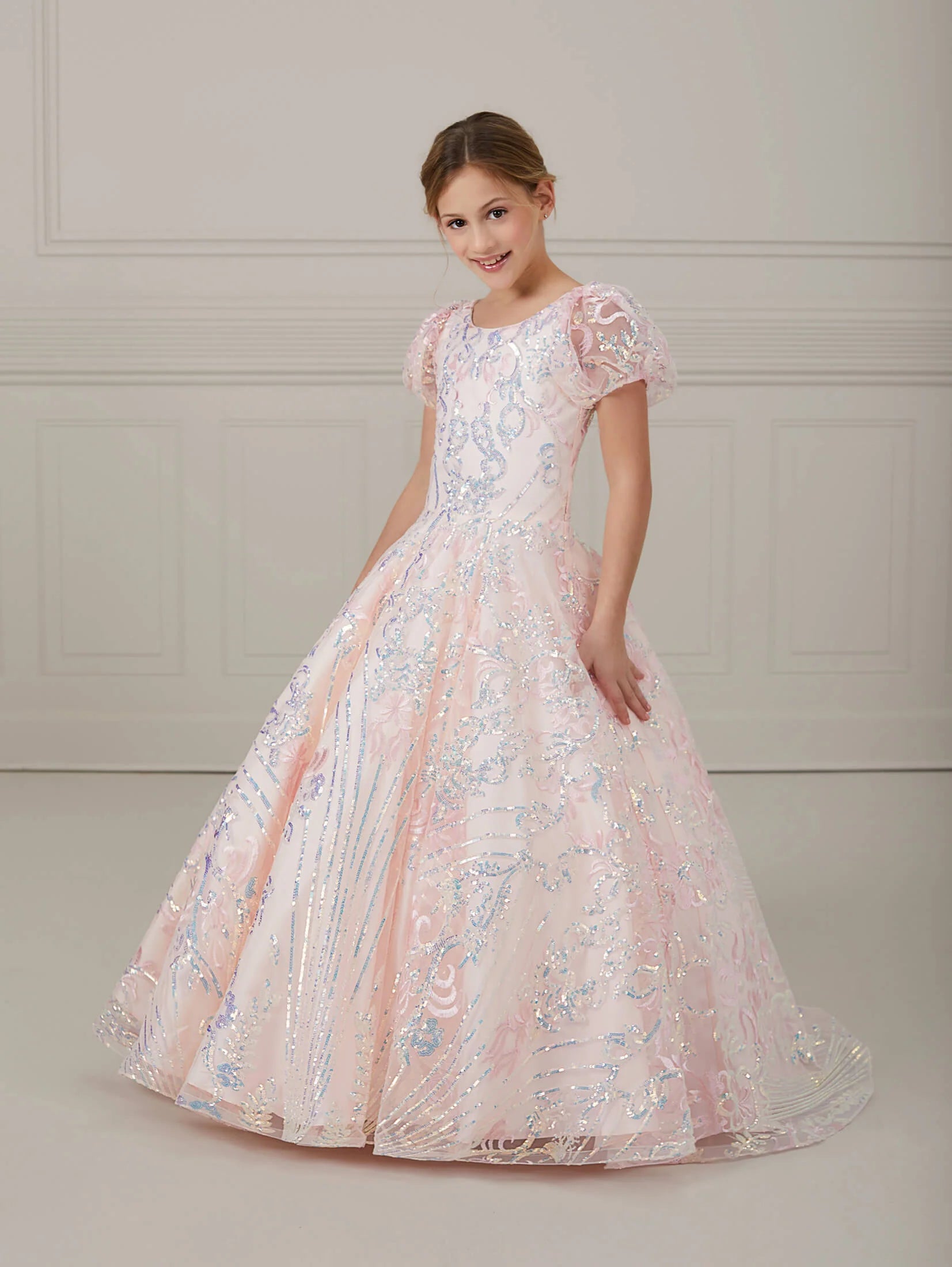 Puff Sleeve Sequin Scoop Neck A-Line Gown