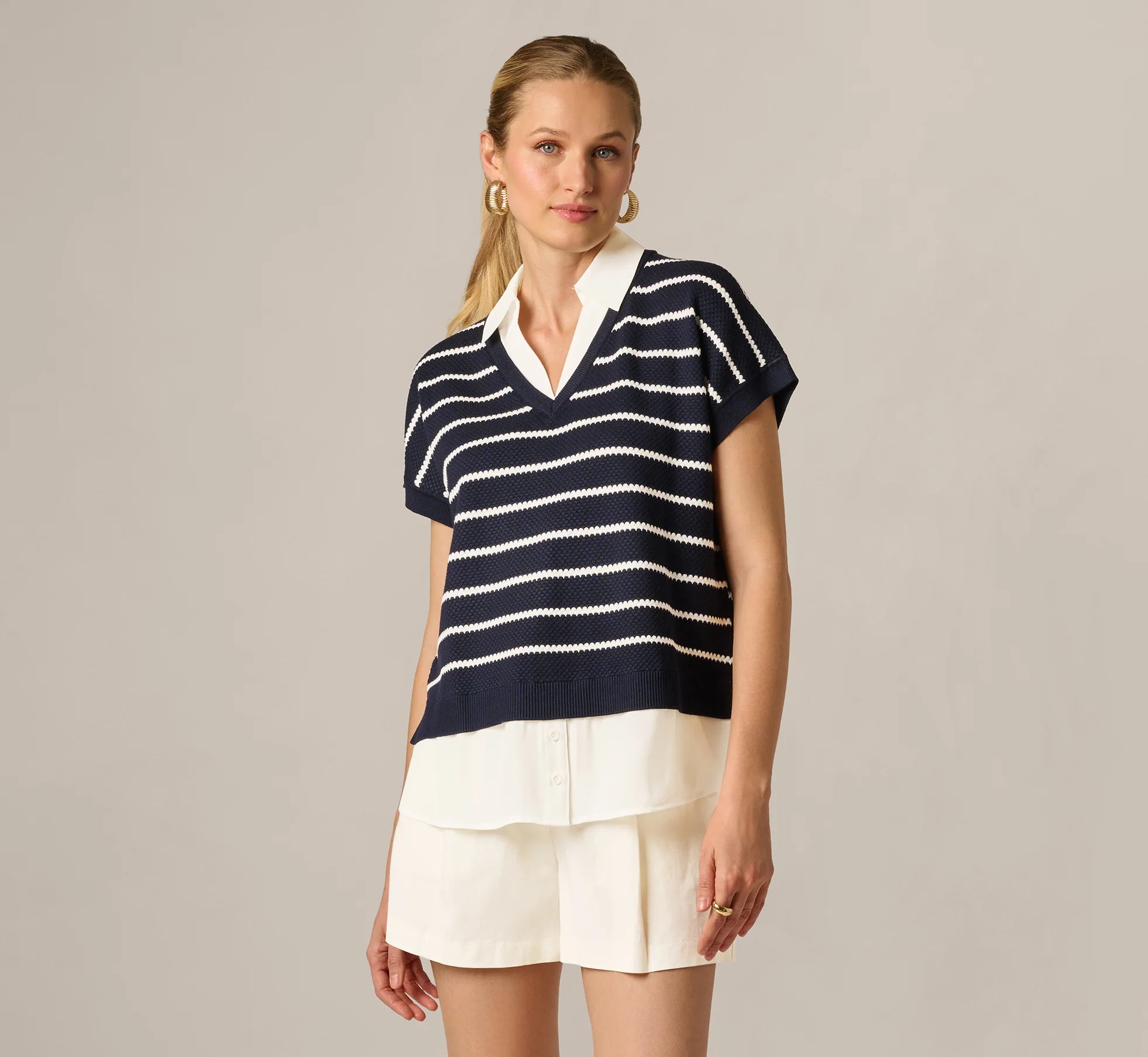 Short Sleeve Drop Shoulder Twofer Sweater In Navy Ivory W  Ivory