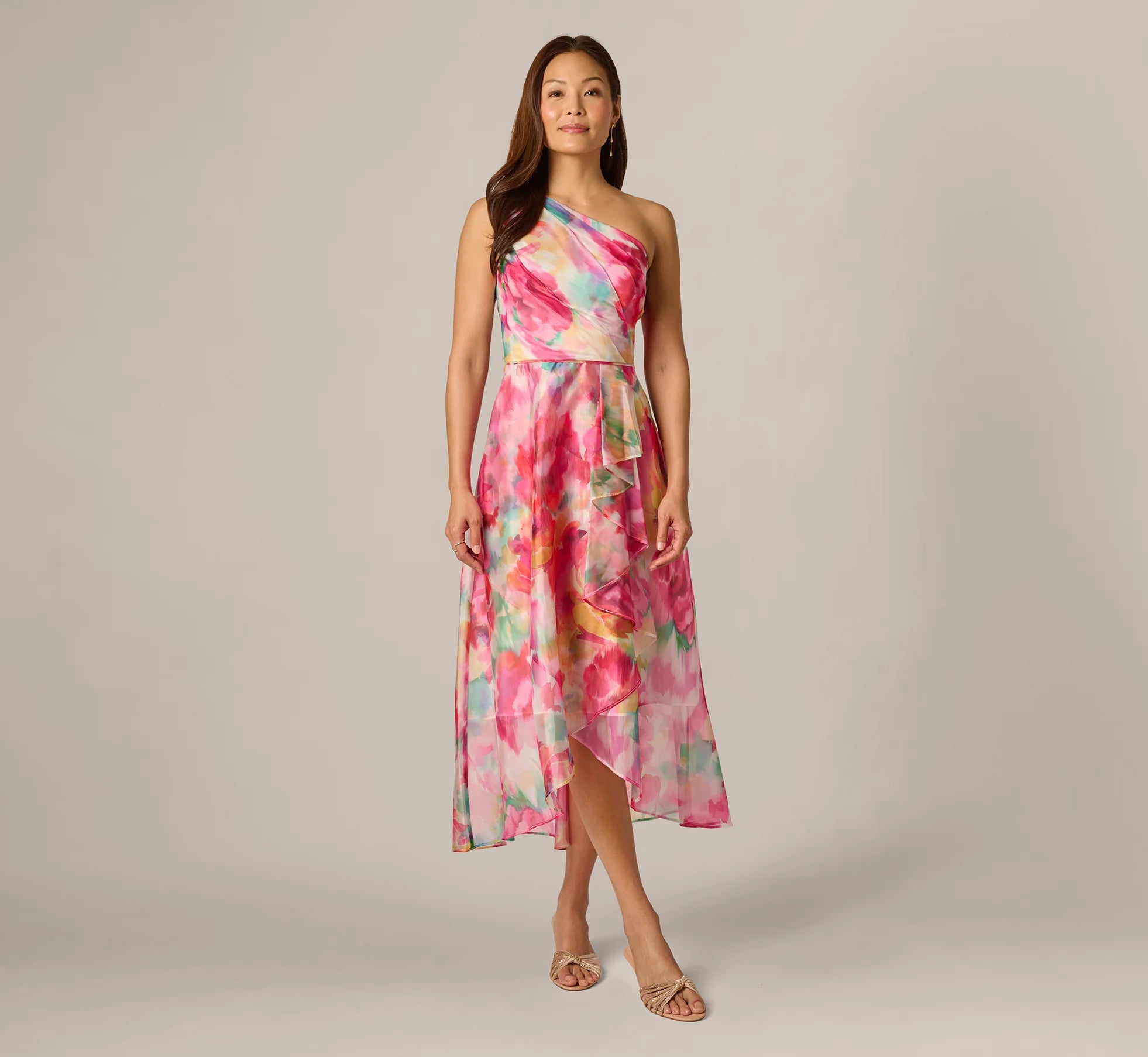 Petite One Shoulder Watercolor Organza High Low Midi Dress In Ivory Multi