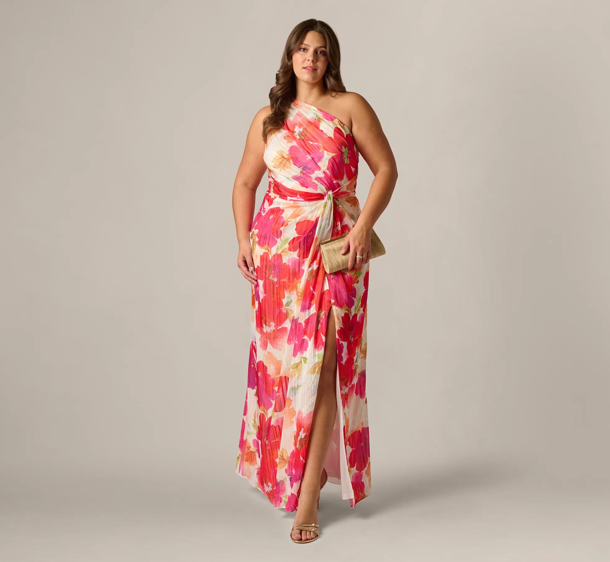 Plus Size One Shoulder Watercolor Floral Stripe Gown In Ivory Pink Multi