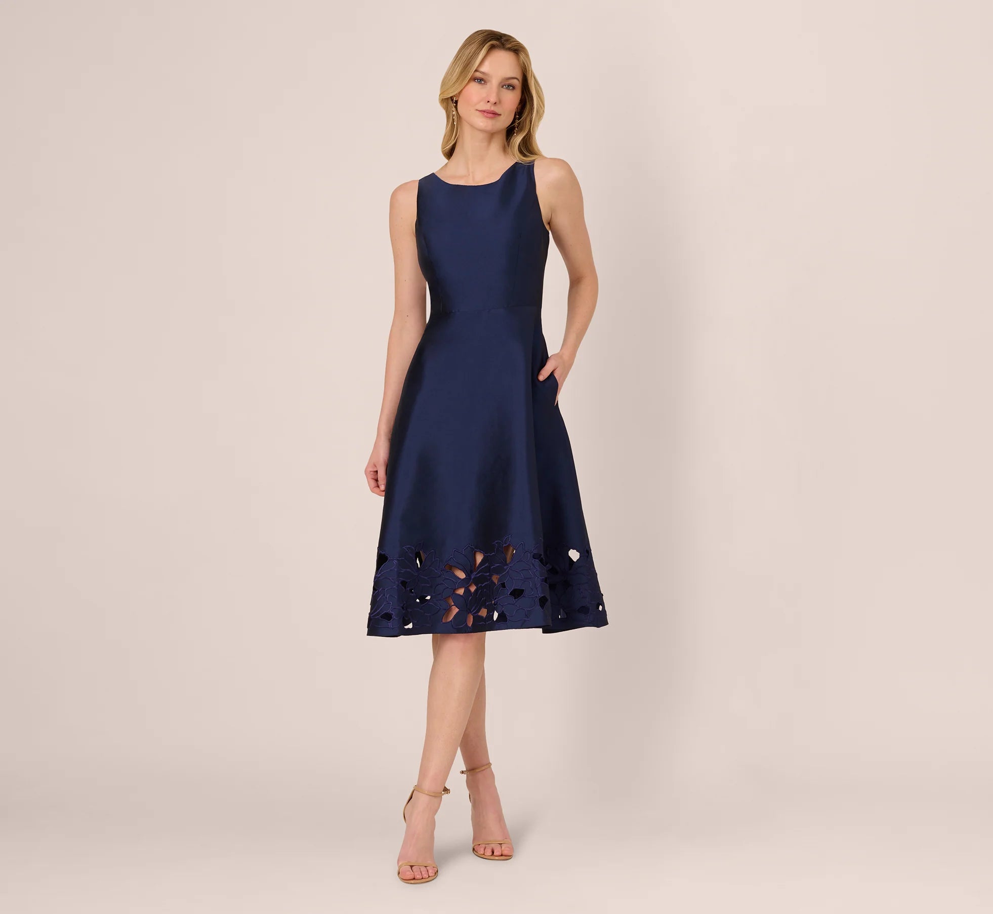 Sleeveless Taffeta Floral Cutwork Midi Dress In Light Navy