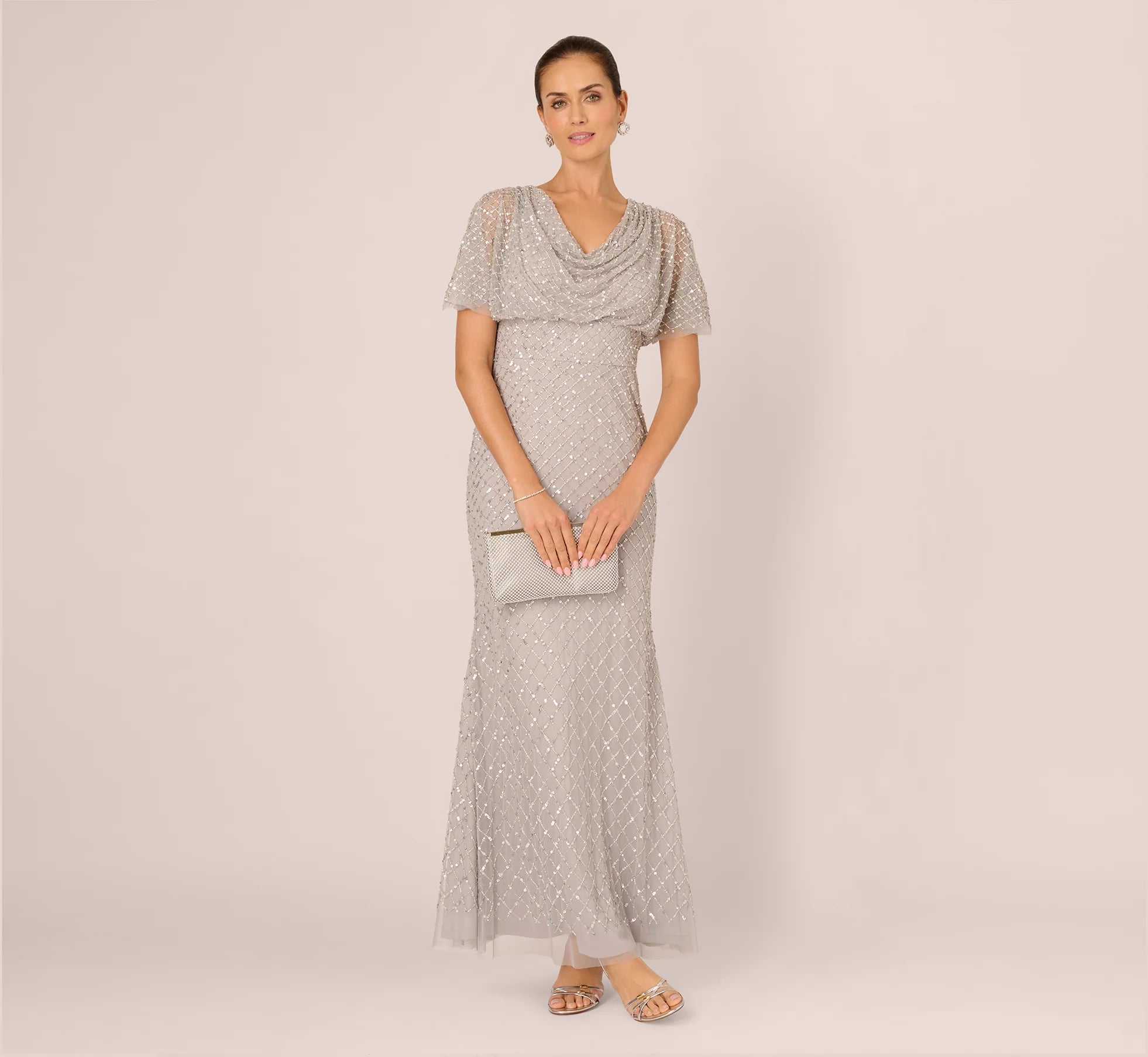 Short Sleeve Diamond Beaded Cowl Gown In Crystal Silver