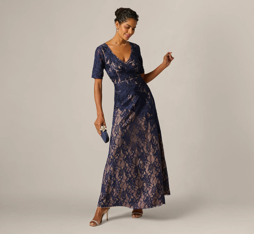 Short Sleeve Lace Soutache Embroidery Gown In Navy Nude