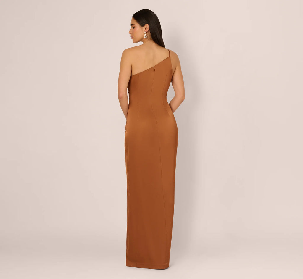 One Shoulder Ruched Satin Gown In Cinnamon