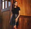 Short Sleeve Faux Leather Combo Skater Dress In Black