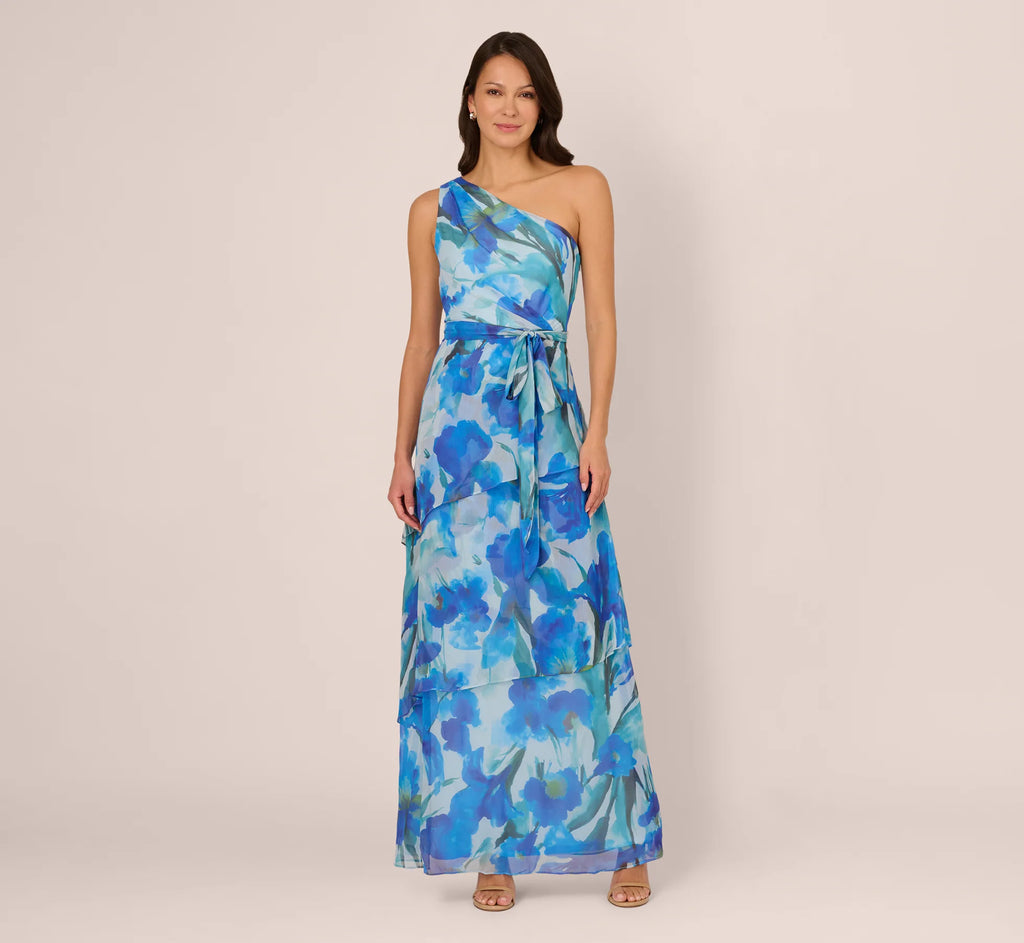 One Shoulder Tiered Floral Chiffon Gown In Blue Multi