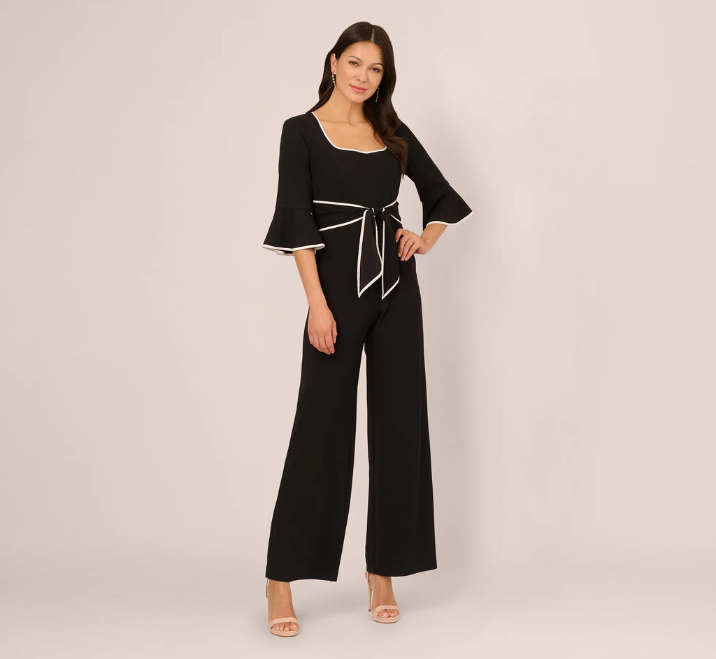 Bell Sleeve Tie Front Contrast Tipped Jumpsuit In Black Ivory