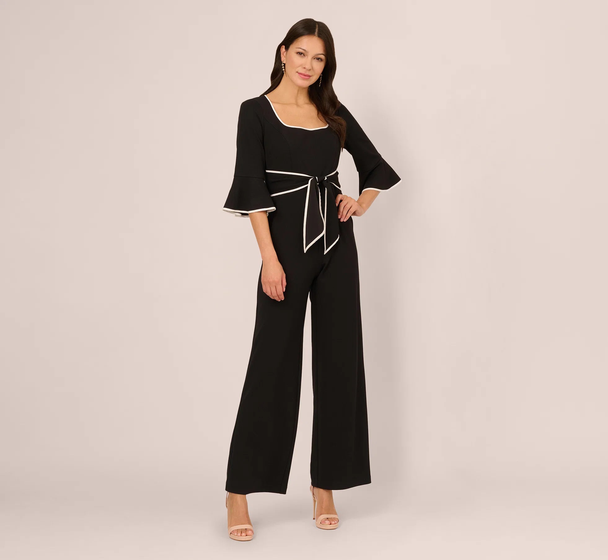 Bell Sleeve Tie Front Contrast Tipped Jumpsuit In Black Ivory