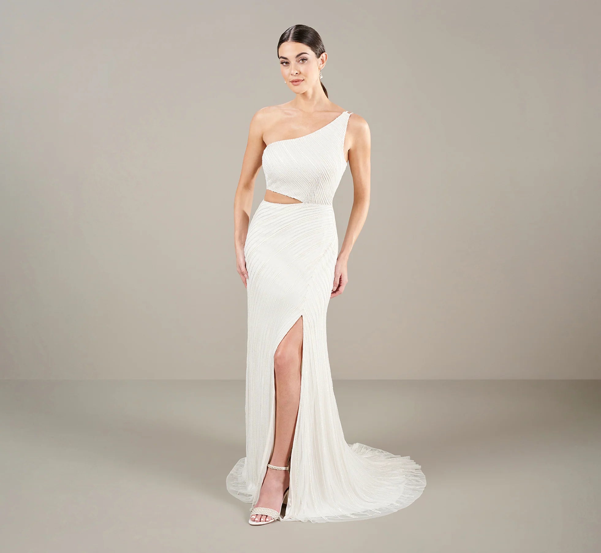 One Shoulder All Over Beaded Gown In Ivory