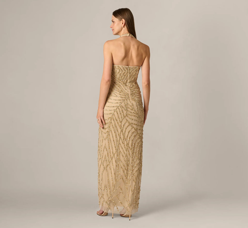 Sunburst Art Deco Beaded Halter Gown In Gold