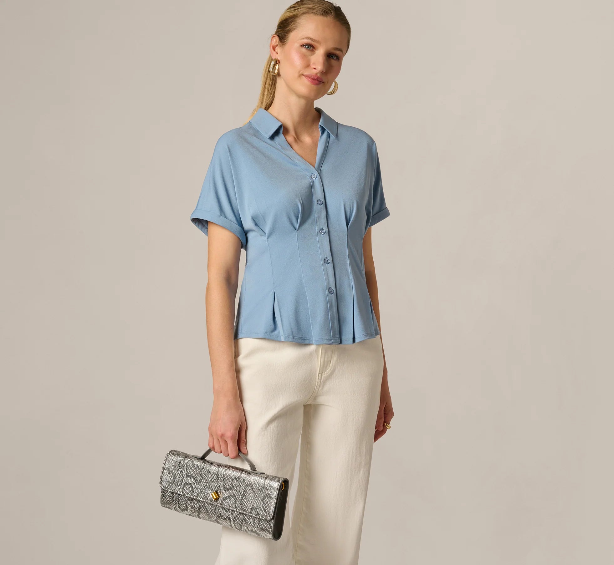 Short Sleeve Pleated Waist Blouse In Rain Washed