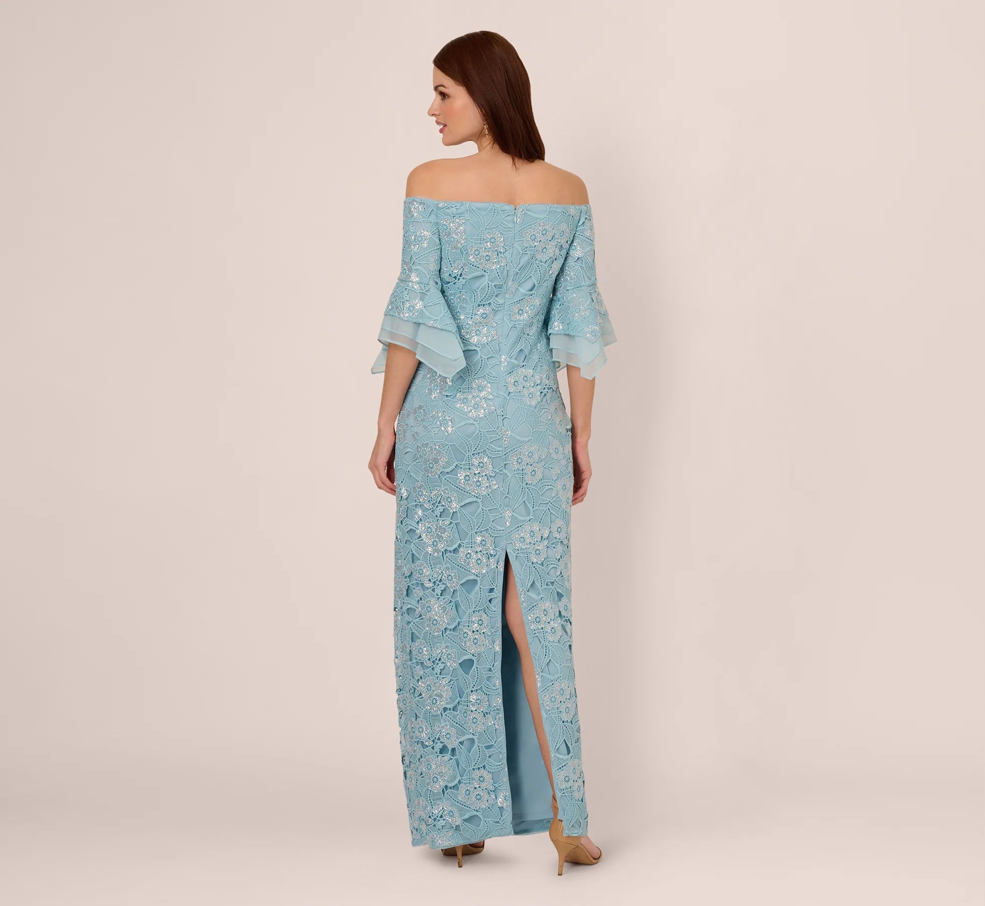 Off Shoulder Bell Sleeve Sequin Lace Gown In Airy Aqua