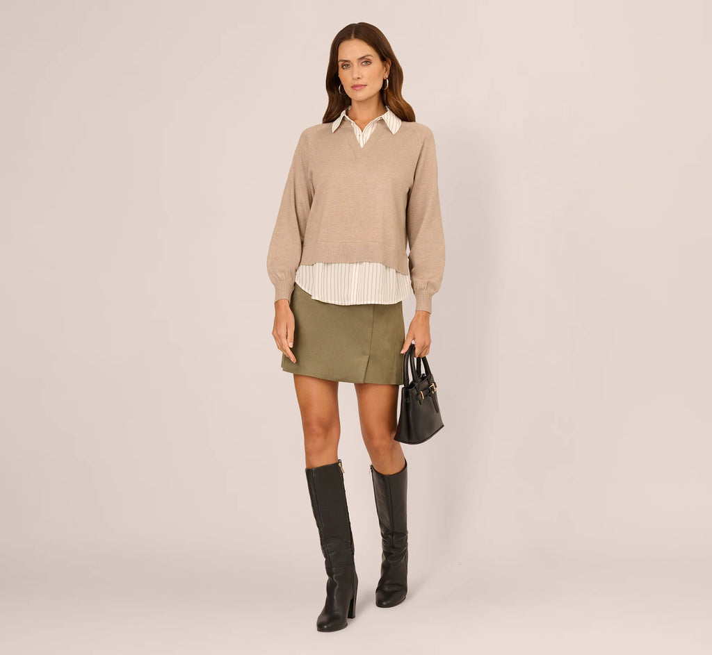 Long Sleeve Collared Printed Twover Sweater In H. Oatmeal W  Staple Stripe