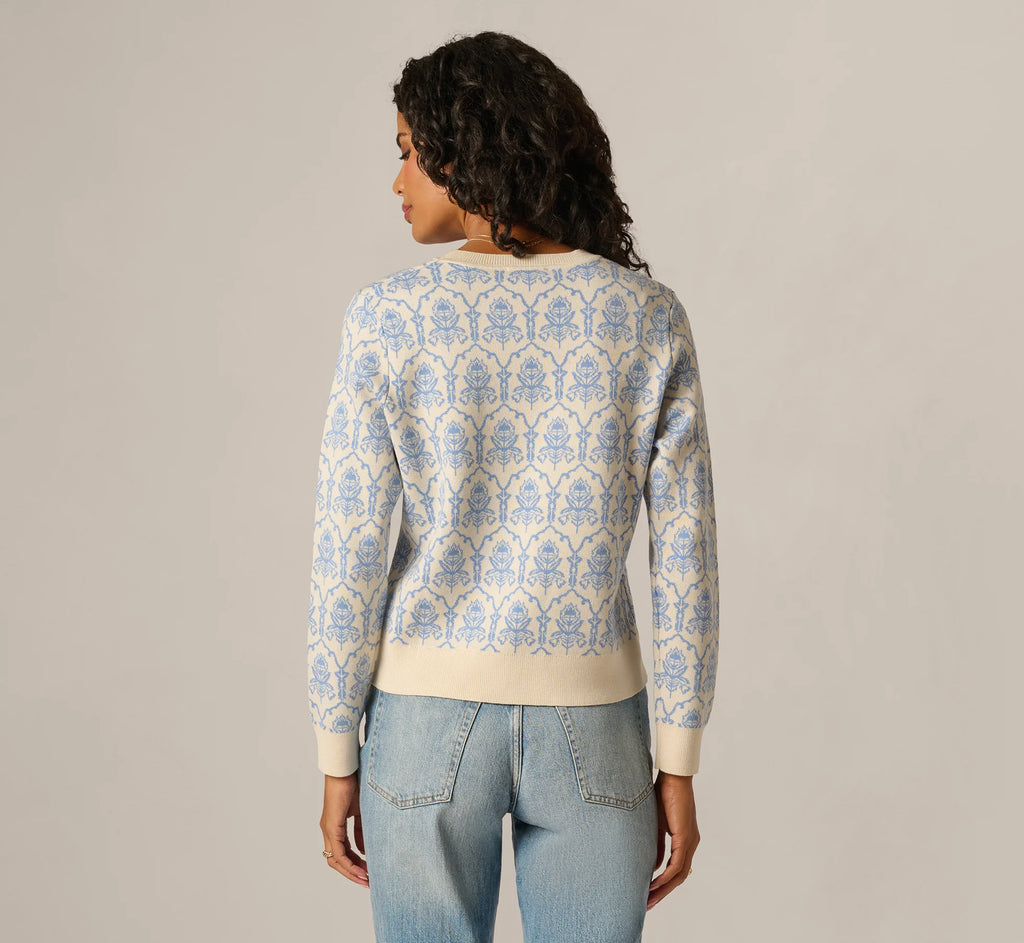 Crew Neck Floral Pullover Sweater In Classic Blue Linear Damask