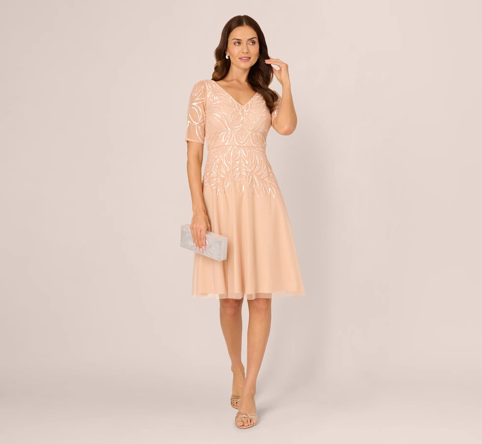 Short Sleeve Sequin Bead Midi Dress In Blush