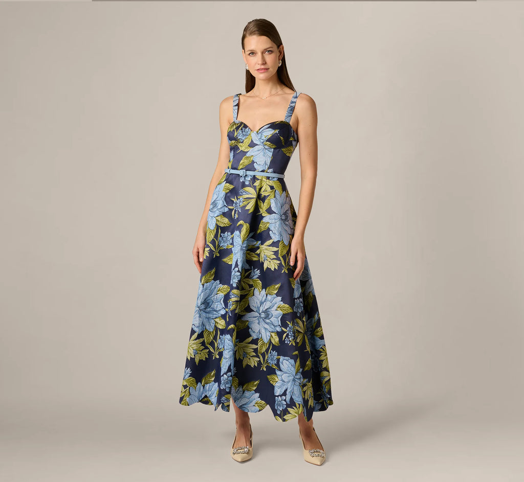 Floral Jacquard Sweetheart Scalloped Ankle Dress In Blue Multi