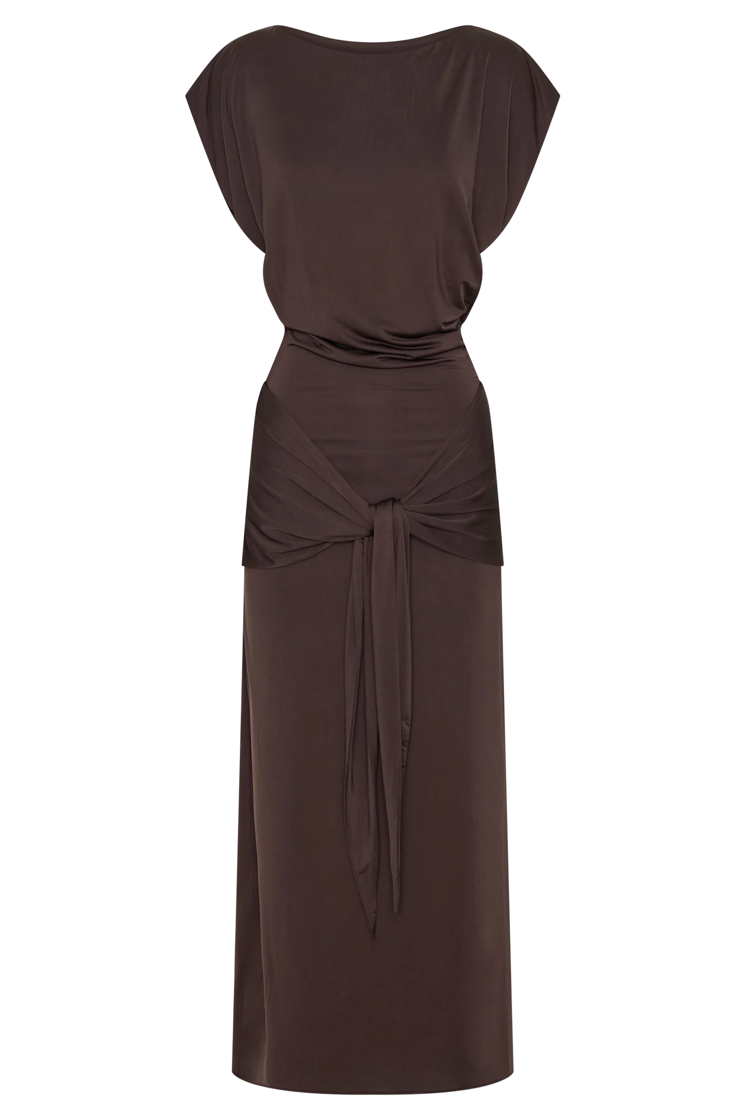 Maiara Shortsleeve Slinky Tie Maxi Dress - Chocolate