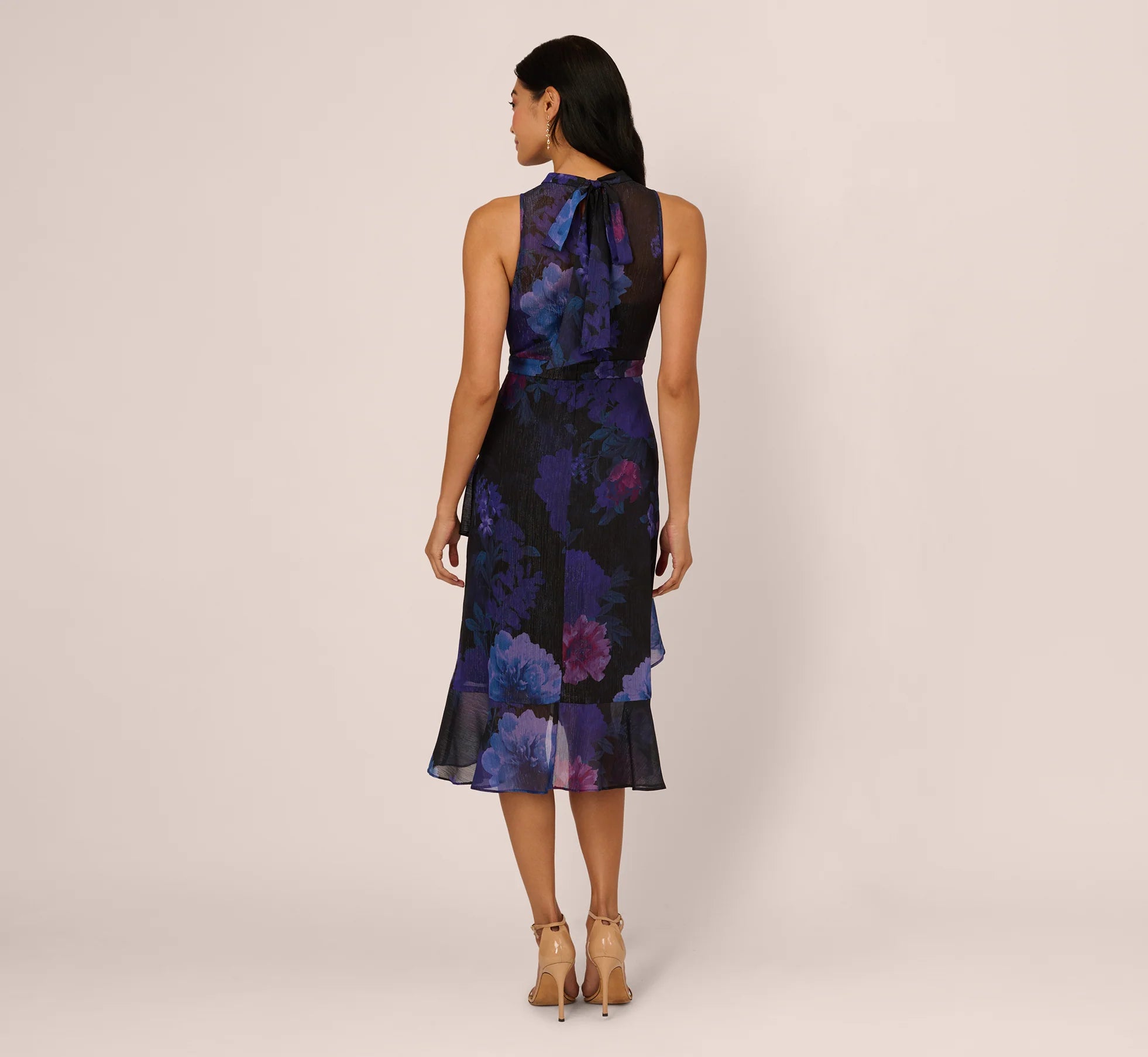 Sleeveless Glitter Floral Ruffle Midi Dress In Black Multi