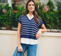 Short Sleeve Drop Shoulder Twofer Sweater In Navy Ivory W  Ivory