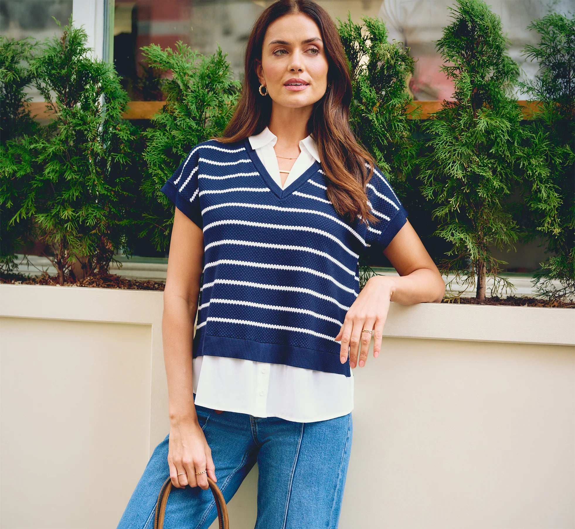 Short Sleeve Drop Shoulder Twofer Sweater In Navy Ivory W  Ivory