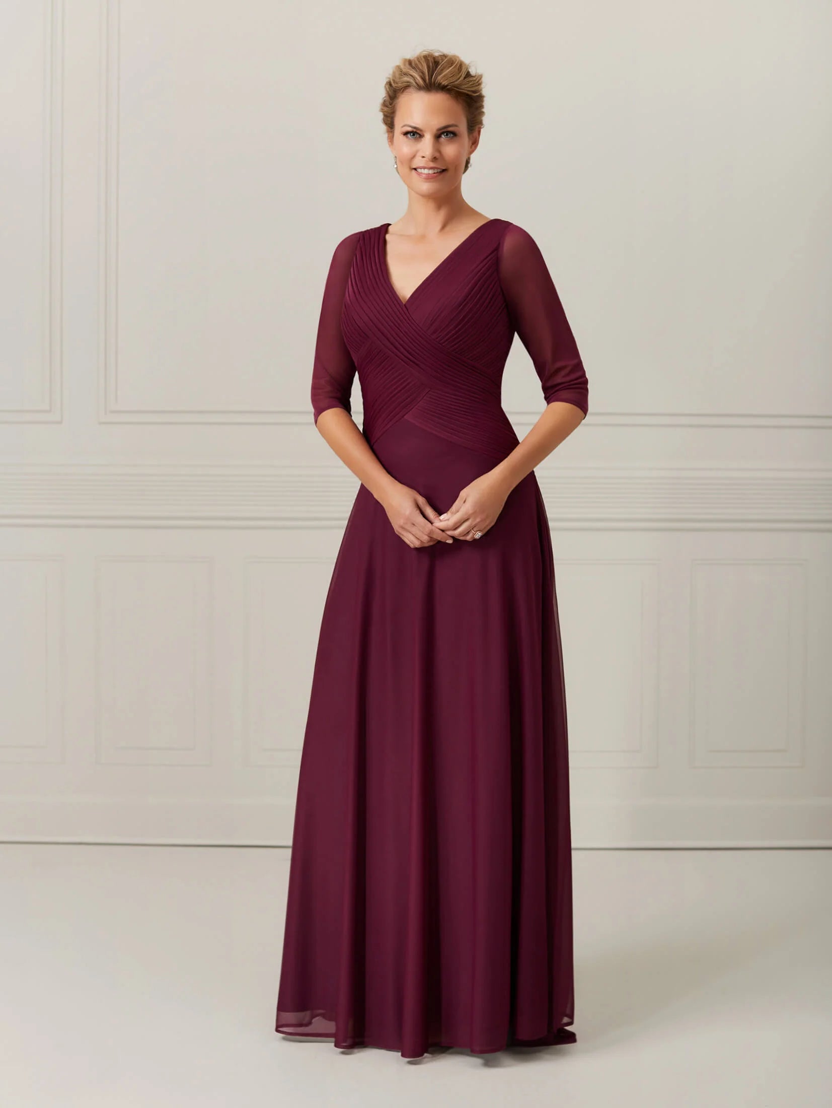 3/4-Sleeve Jersey Chiffon A-Line Dress