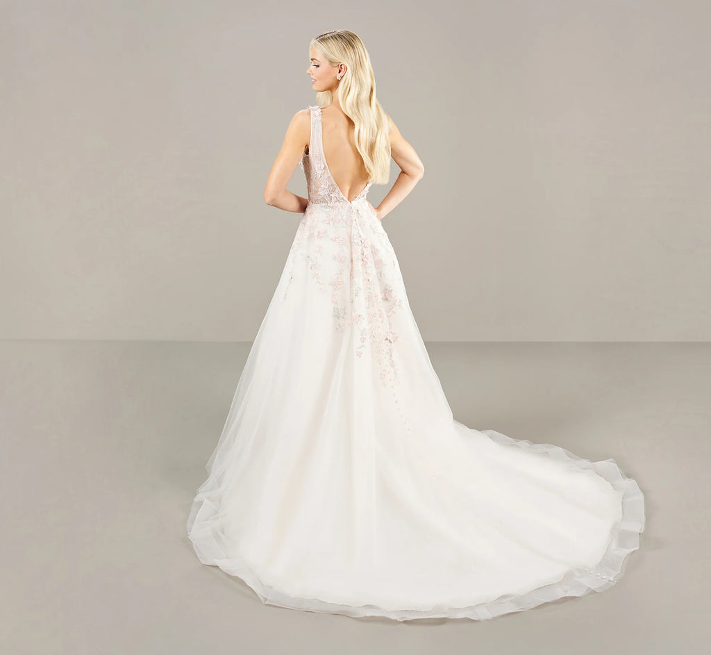 Plunging V Neck With Blush Multi Lace Applique Gown In Ivory Blush Multi
