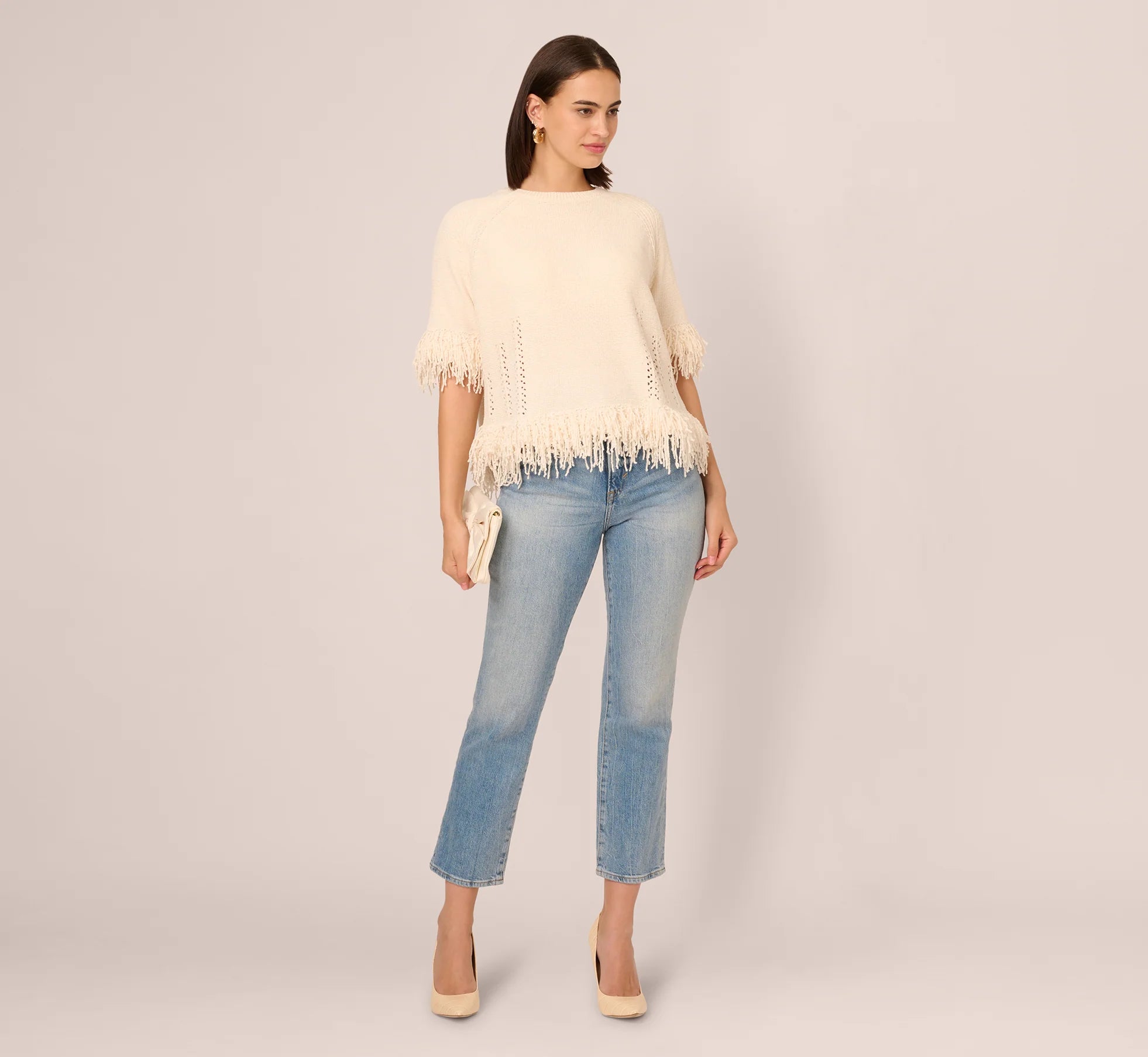Three Quarter Sleeve Fringe Trim Sweater In Cream
