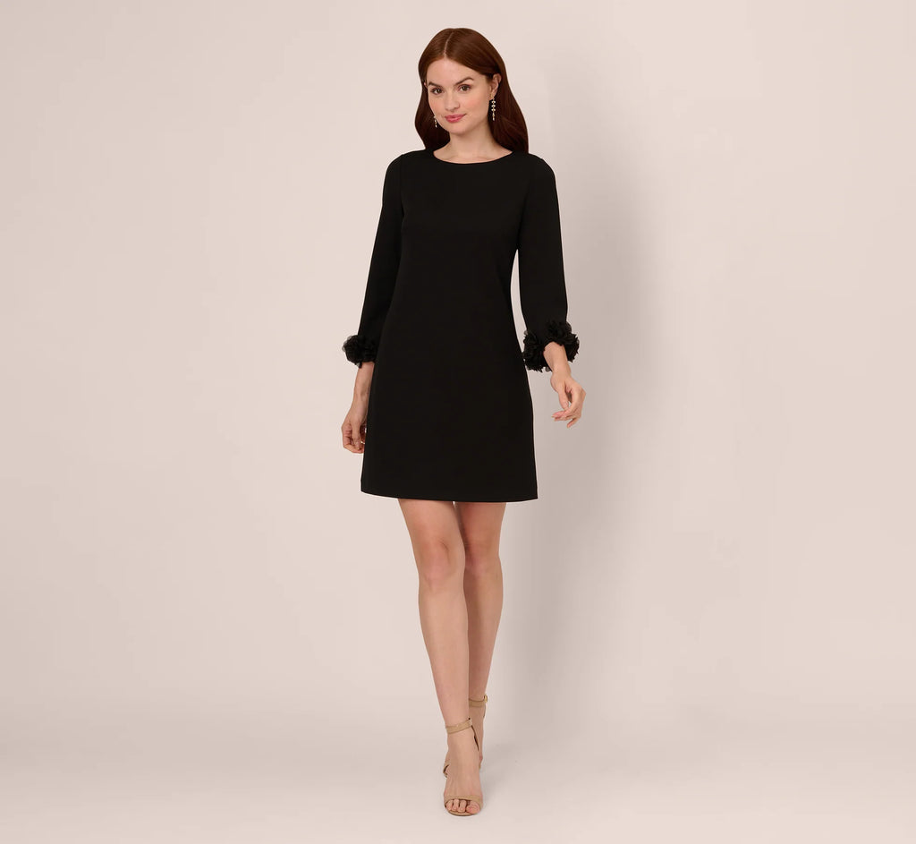 Three Quarter Sleeve Shift Dress With Floral Embellished Cuffs In Black