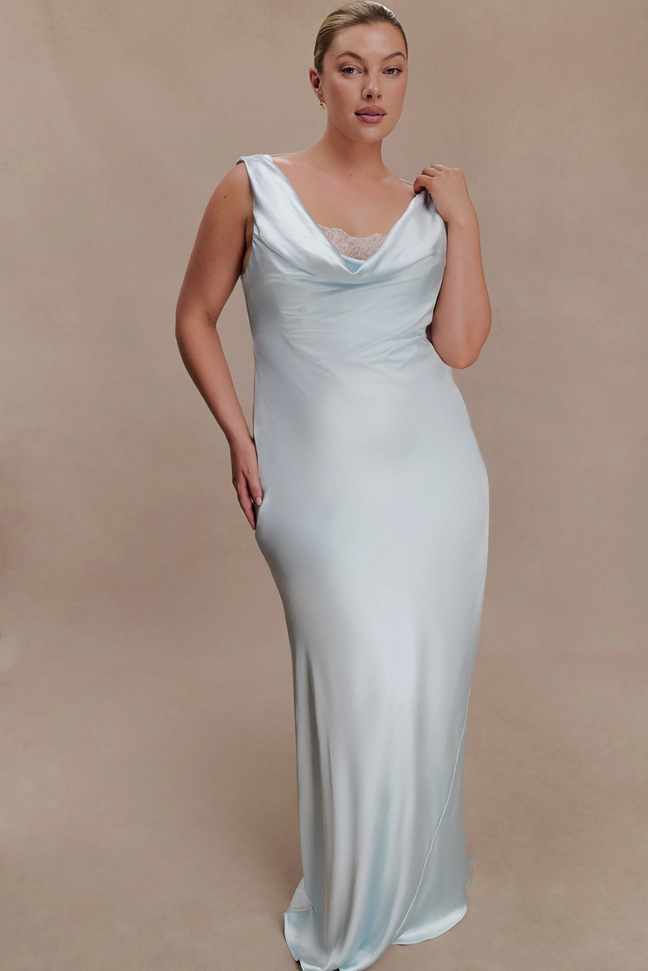 Ashley Cowl Neck Lace And Satin Maxi Dress - Ice Blue