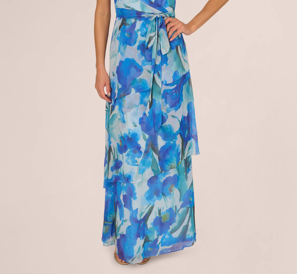 One Shoulder Tiered Floral Chiffon Gown In Blue Multi