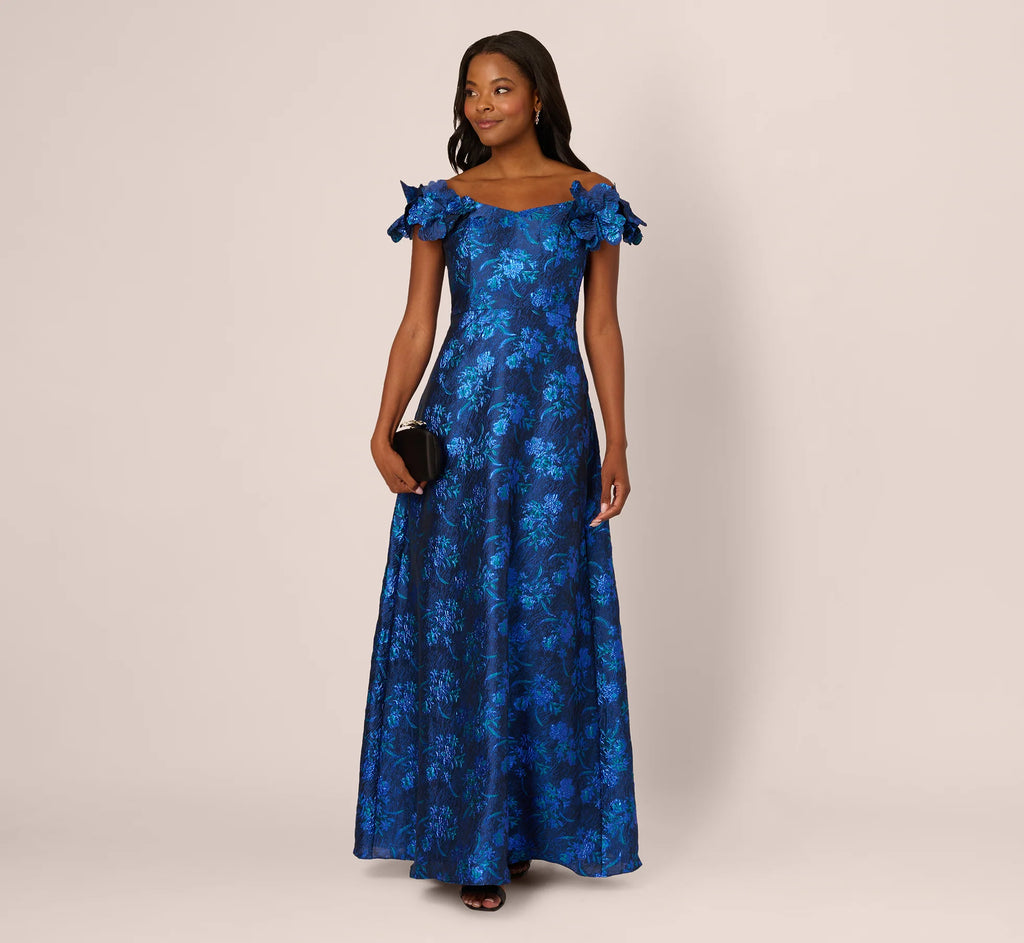 Off Shoulder Floral Jacquard A Line Gown In Navy Blue Multi