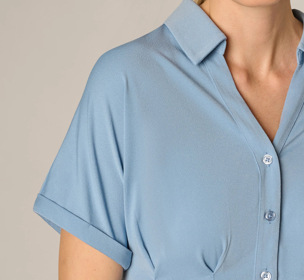 Short Sleeve Pleated Waist Blouse In Rain Washed