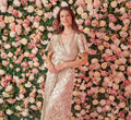 Foil Leaf Short Sleeve Gown With Draped Details In Champagne Gold
