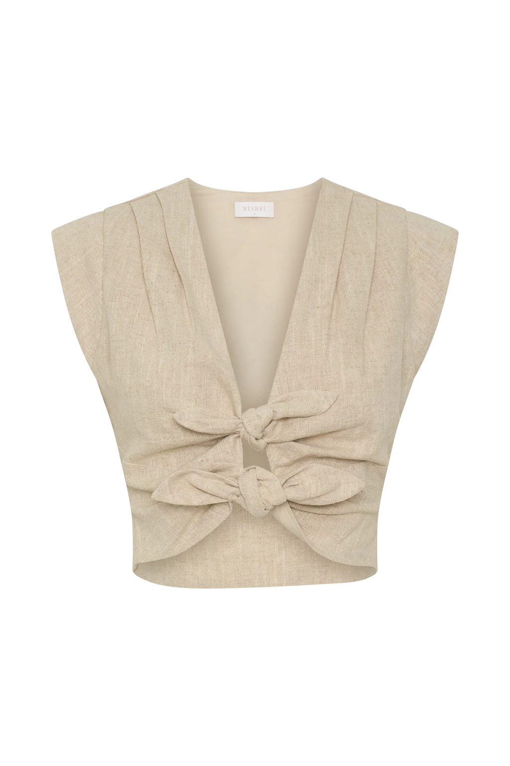 Anahita Linen Front Bows Short Sleeve Top - Natural