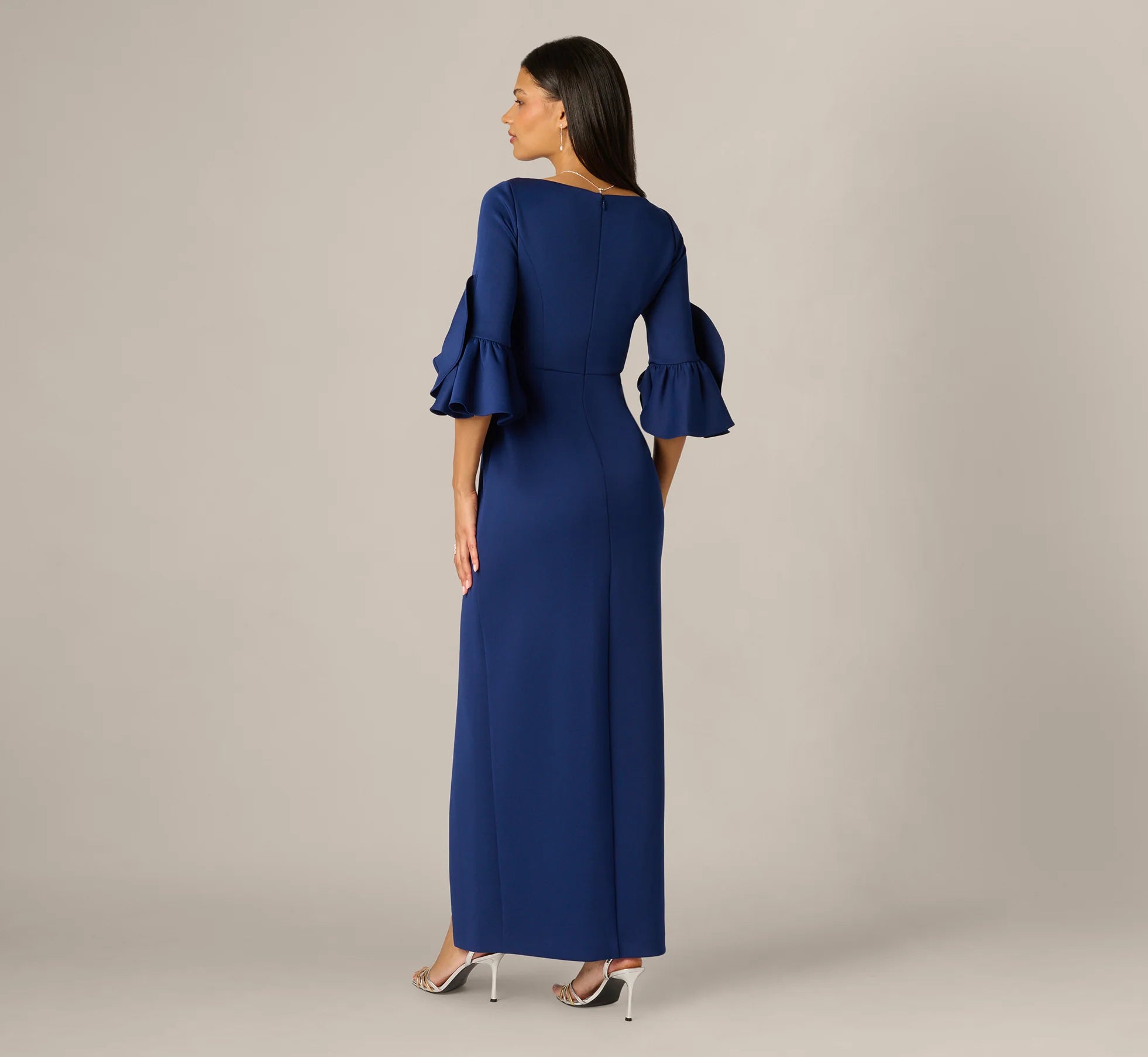 Sculpted Bell Sleeve Column Gown In Navy Sateen
