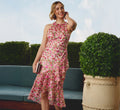 Floral Embroidered Flounce Halter Dress In Pink Multi