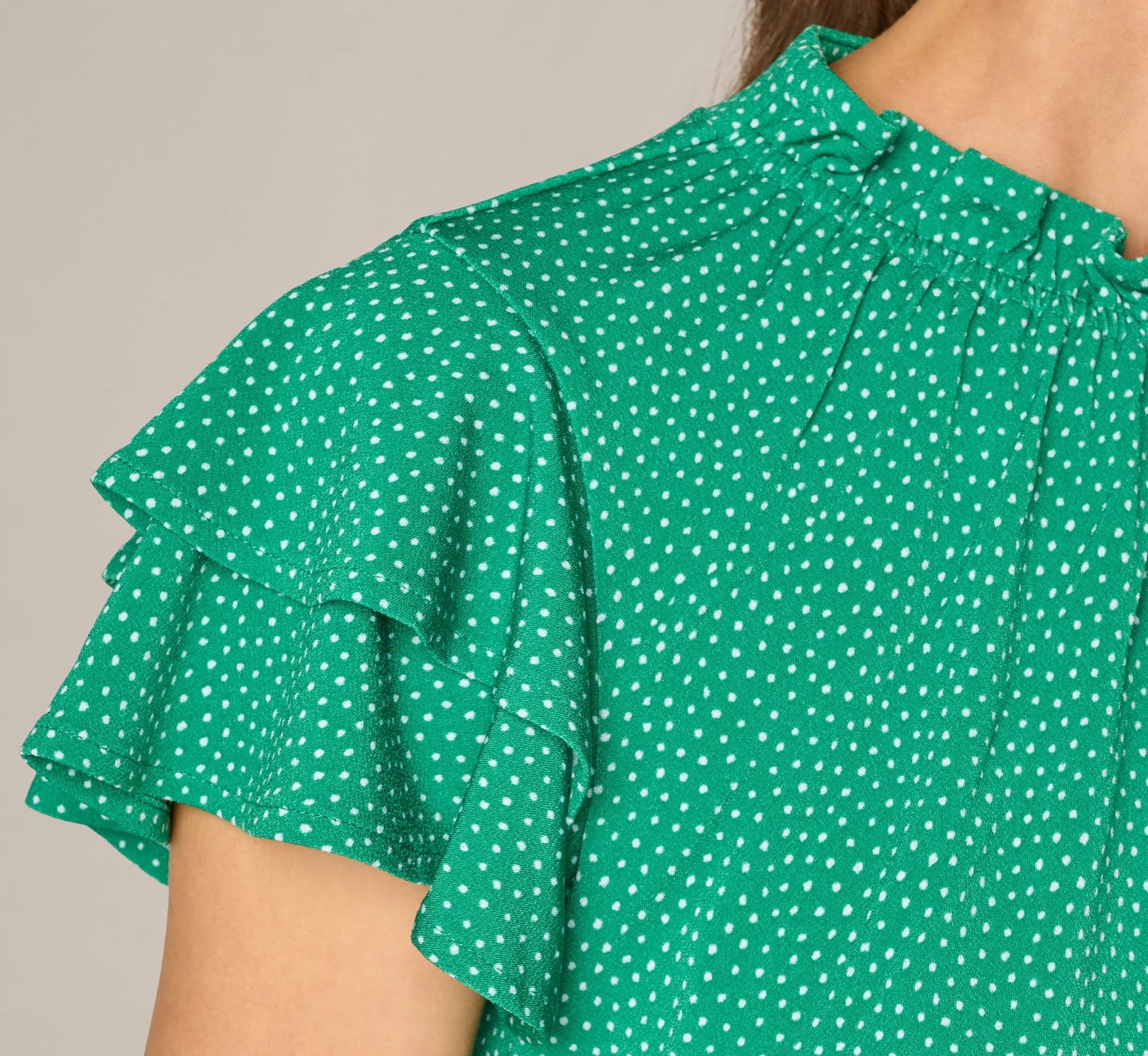 Double Flutter Sleeve Ruffle Neck Top In Vivid Green Broken Dot