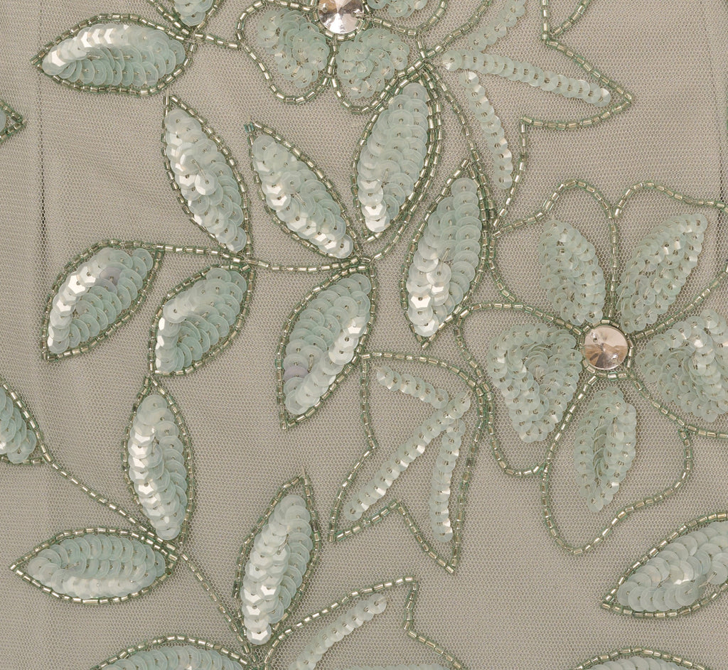 Hand Beaded Short Sleeve Floral Godet Gown In Frosted Sage