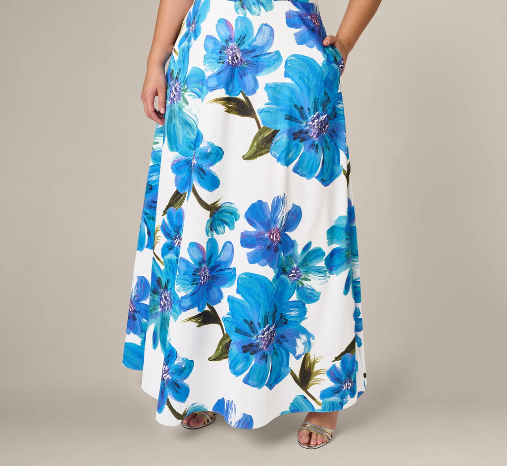 Plus Size Strapless 3D Floral Beaded Dupioni Gown In Ivory Blue Multi