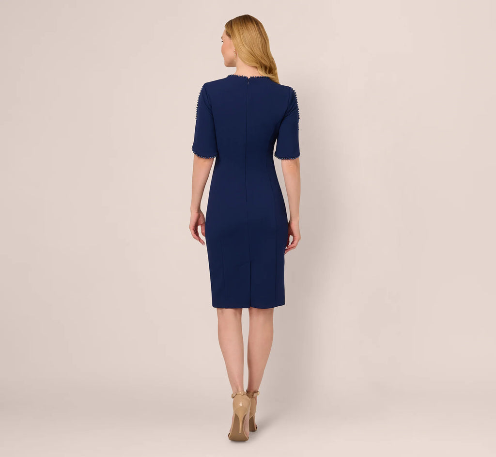Crepe Midi Length Sheath Dress With Pearl Trimmed Sleeves In Navy Sateen